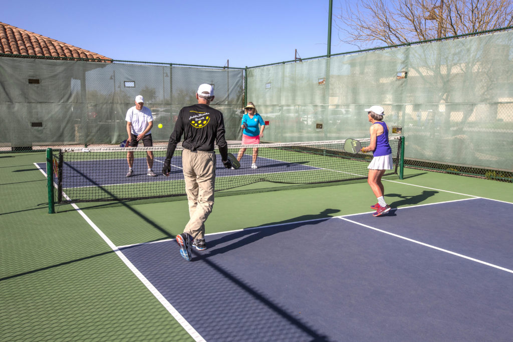 4 Players on court playing Pickleball - Pickleball Active Adult Community Saddlebrooke Ranch Oracle, AZ